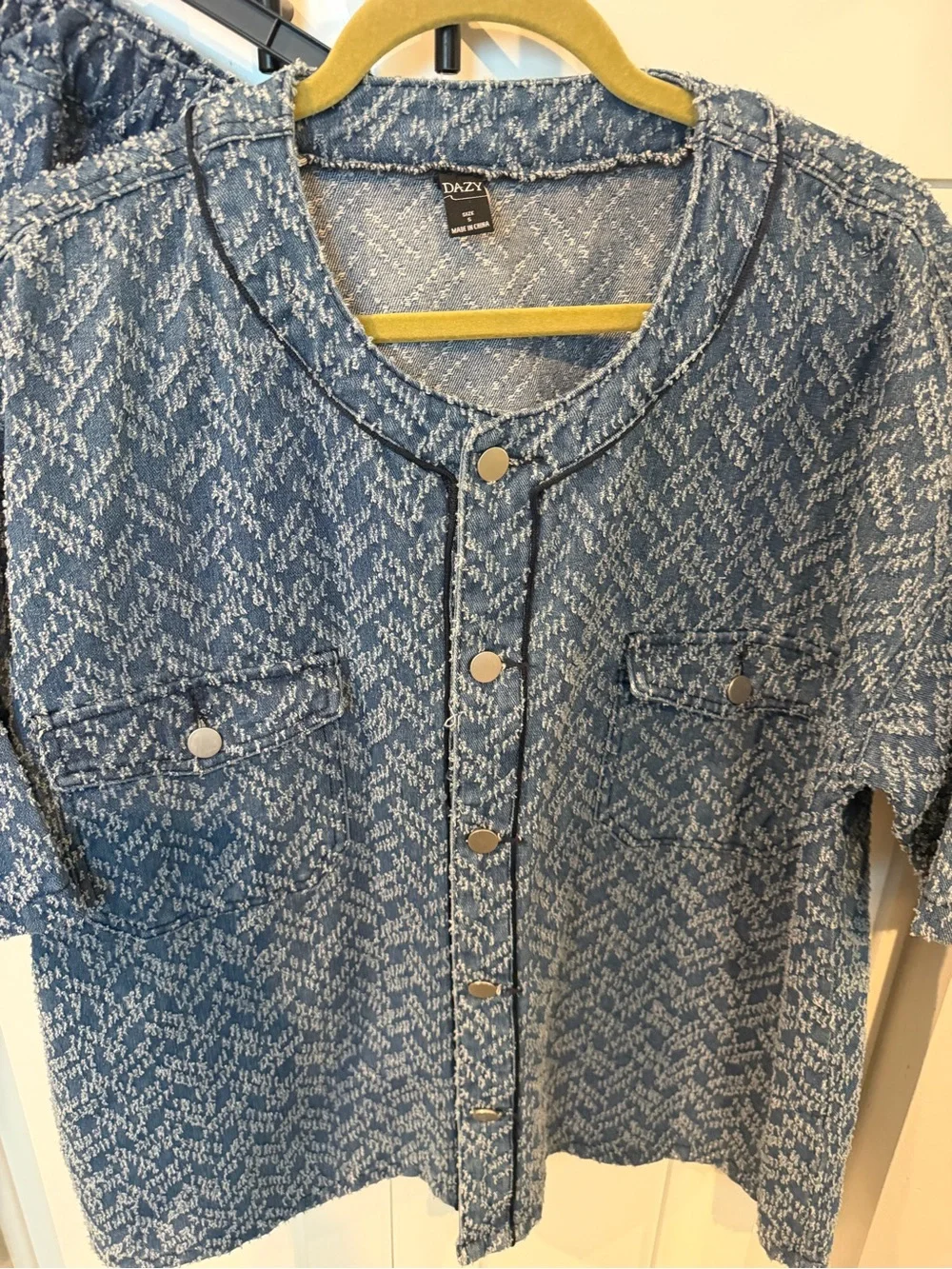 Oversized Denim-Style Cotton Blue Button Front Shirt and Shorts Set - Picture 3 of 4